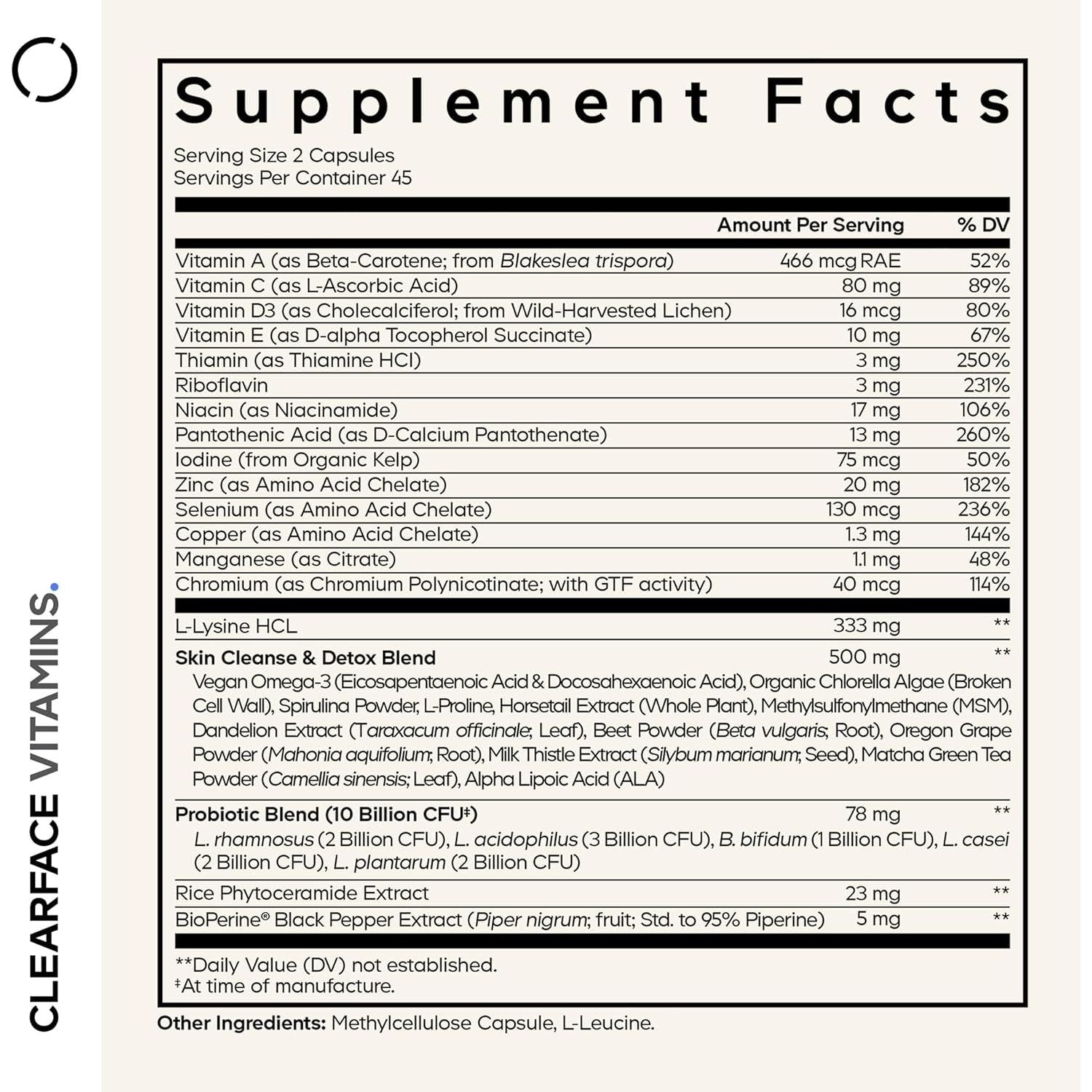 Codeage Clearface Vitamins+ (Black) – 90 Capsules | Hormonal Acne, Gut & Skin Support with Probiotics, Omega-3 & Skin Nutrients